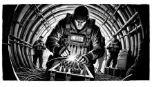 black-and-white comic-style image of a person in a tunnel operating with something that looks like a bomb