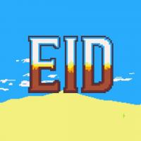 screenshot of game "eid", blue sky, yellow sand and EID in capital letters in the middle of image