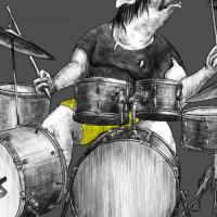 drawing of a pig at a drumset, yellow pants, rest in black and white