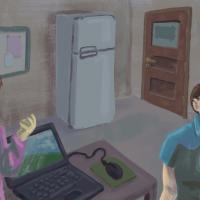 screenshot of game "when they fly", hand drawn room with two people in it