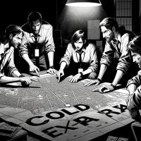 black-and-white comic-style image of people standing around a city map