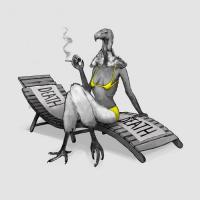 black and white image of a vulture with a female body and a yellow bikini sitting on a lounger and smoking a cigarette. Feet and hands are those of a vulture. On the lounger one can read "DEATH DEATH"