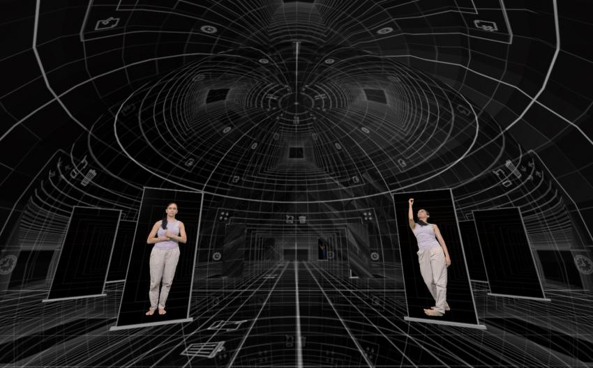 Screenshot from Once Upon Unsteady Grounds, Dome and Mara in two different dance positions.