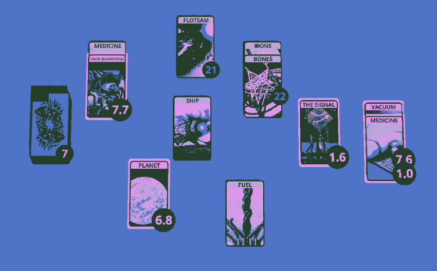 screenshot of game "xenograft", purple background and black cards