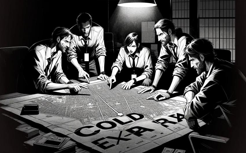 black-and-white comic-style image of people standing around a city map