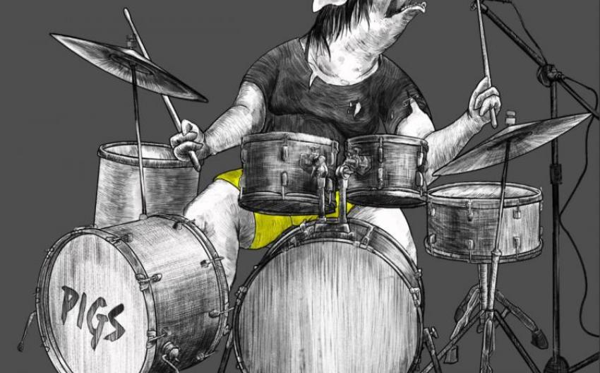 black and white illustration of a pig playing the drumset