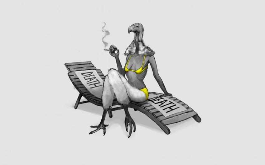 black and white image of a vulture with a female body and a yellow bikini sitting on a lounger and smoking a cigarette. Feet and hands are those of a vulture. On the lounger one can read "DEATH DEATH"