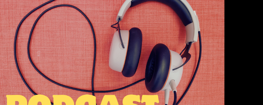 headphones with black cable, red background, yellow retro lettering "PODCAST AR Communities"