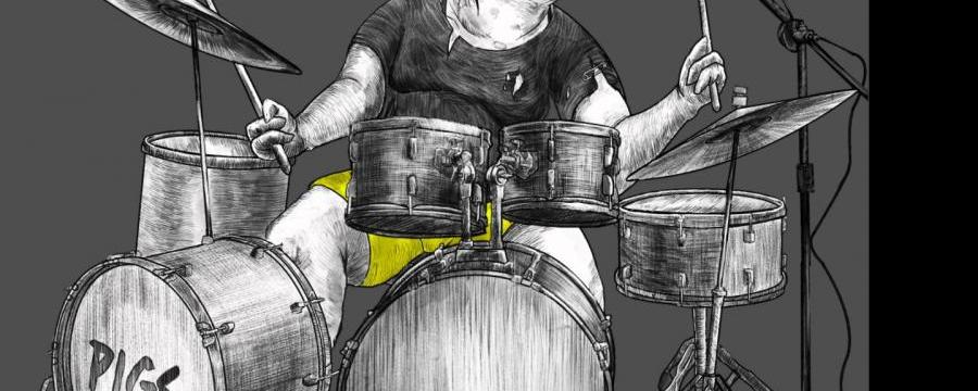 black and white illustration of a pig playing the drumset